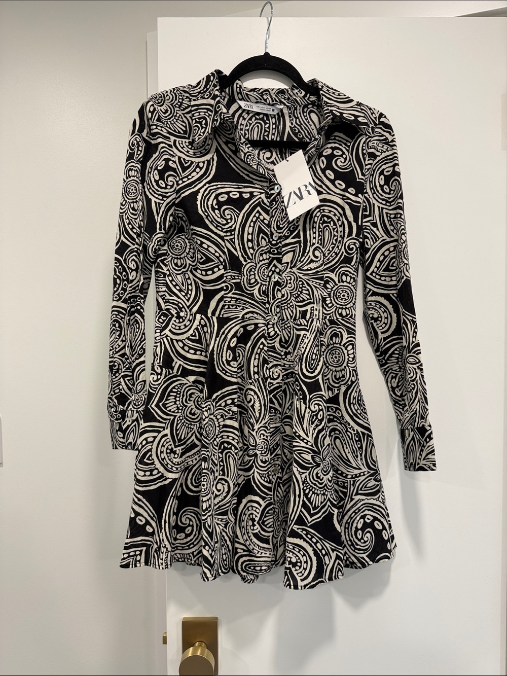 Zara Black and White Paisley Button-Down Tunic Dress